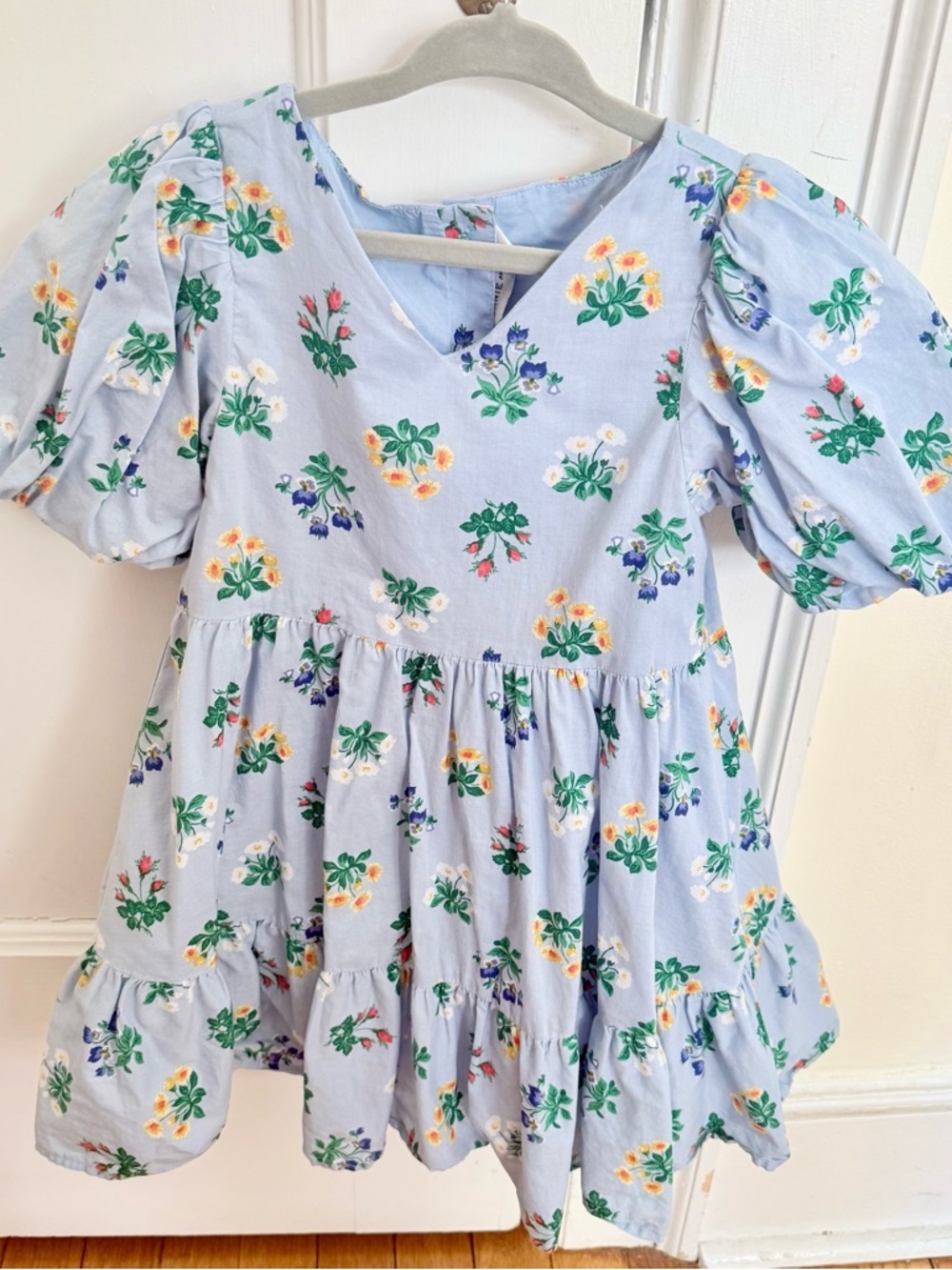 Janie and Jack Light Blue Floral Cotton Dress with Puff Sleeves Size 4